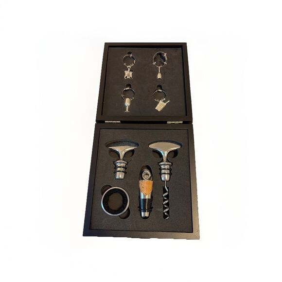 Wine Opener With Accessories In Black Case Wine Rings Stoppers New 6” X 6.5” - Picture 2 of 8